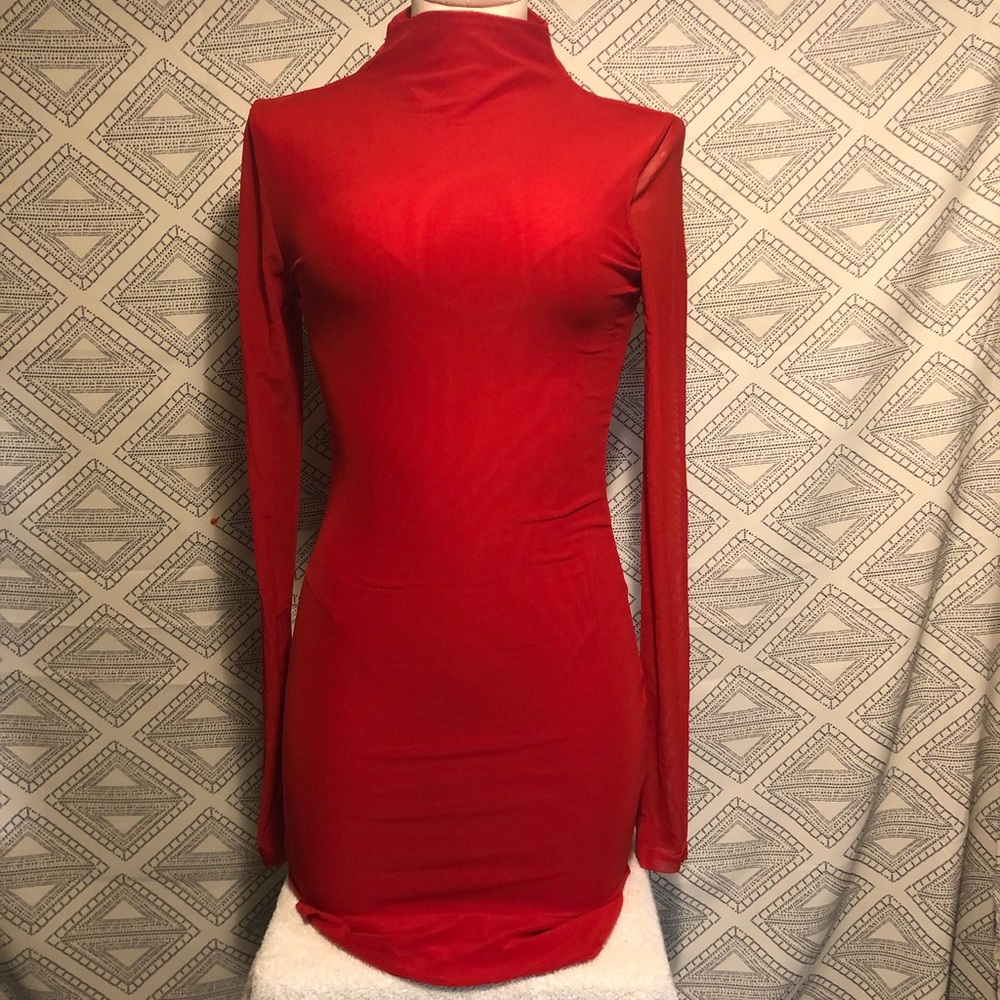 High-neck, long sleeve, mini dress